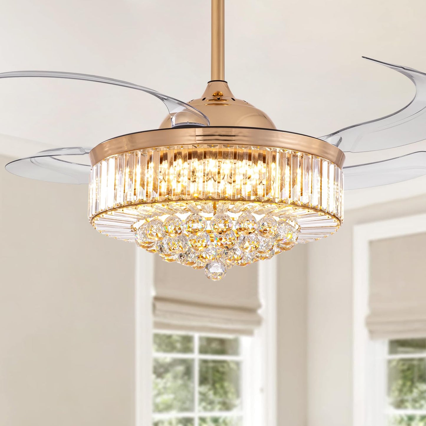 MOOONICHE 48 Inch Crystal Ceiling Fan with Light and Remote Modern Dimmable Fandelier Invisible Retractable Chandelier Fan Gold for Bedroom Living
