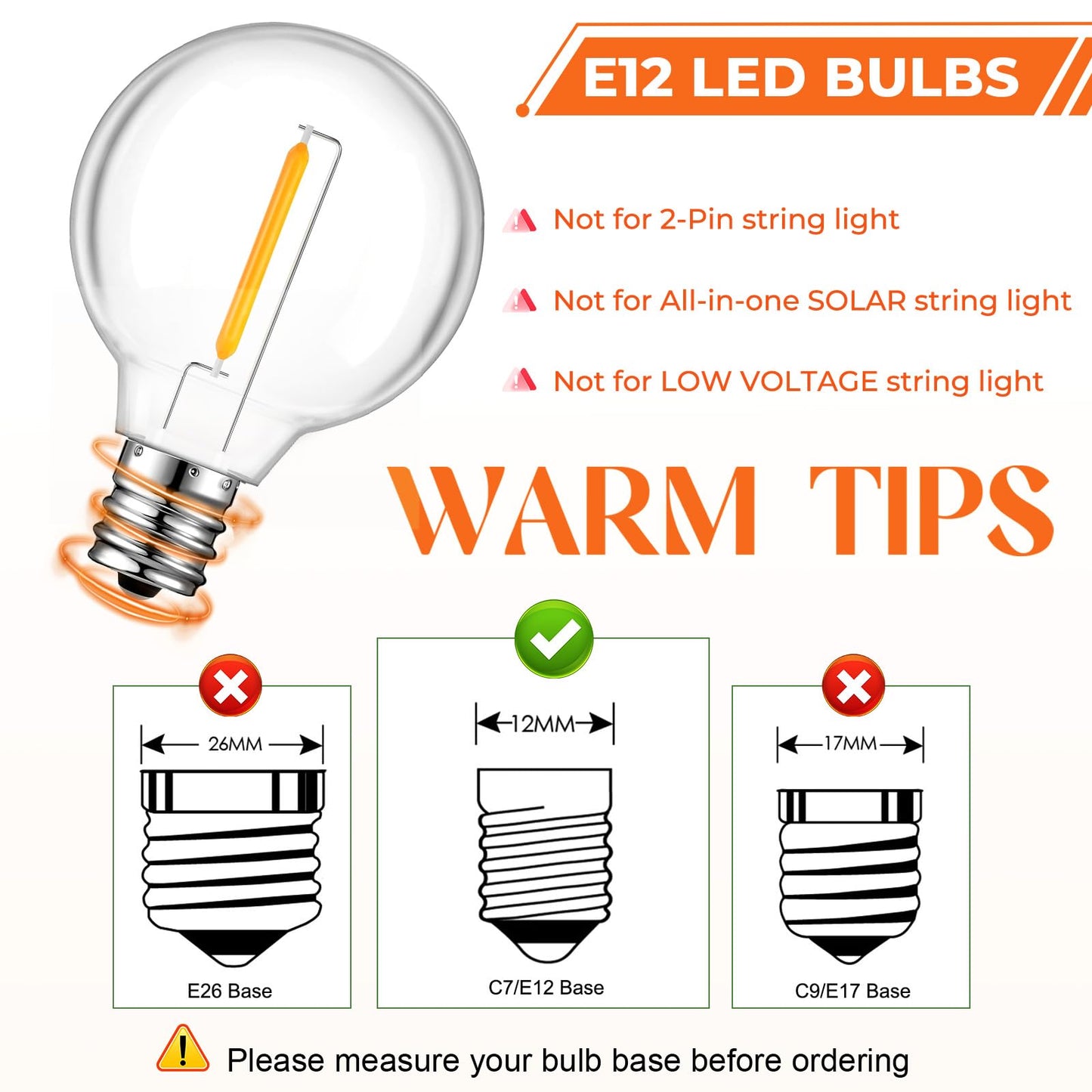 GvvooHome 36 Pack G40 LED Replacement Bulbs, Shatterproof 1 Watt E12 LED Bulb for Outdoor Patio Garden Vintage String Lights, 2200K Warm White