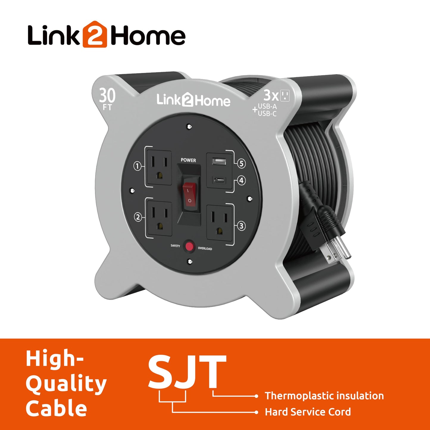 Link2Home Cord Reel 30 ft. Extension Cord 3 Power Outlets, 2 USB Ports A/C, 2.4A Fast Charge - 16 AWG SJT Cable.