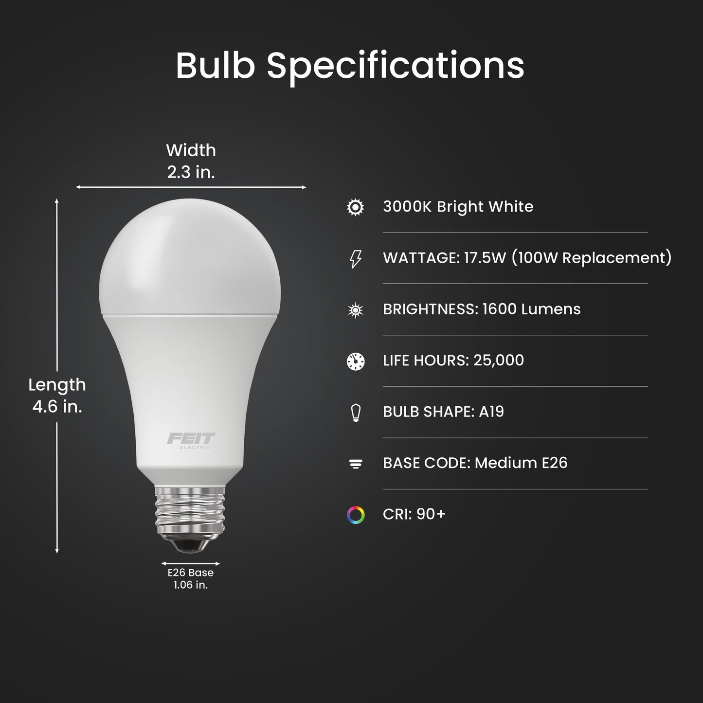 Feit Electric Enhance A19 LED Light Bulb, 100W Eq, Bright White, 2 Pack