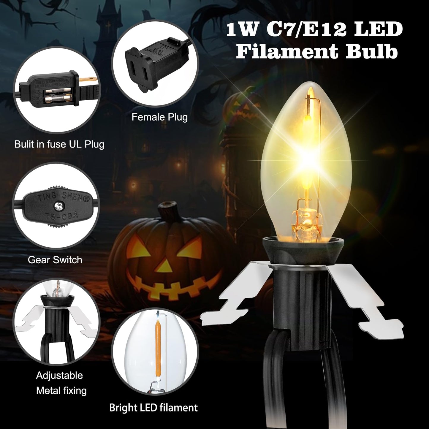 Upgraded Lighting System, 7.2Ft Black Accessory Cord with 1LED C7 Spare Fuse Bulb, Blow Mold Lights Cord with Female Plug&On/Off Switch, for Halloween