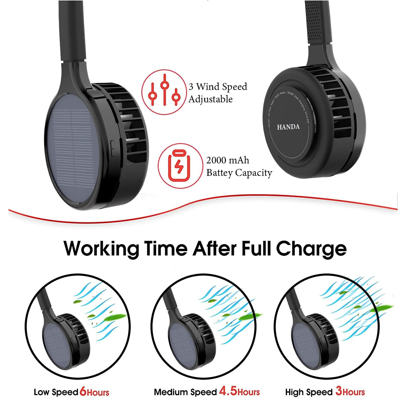 HANDA INSTRUMENT Solar Neck Fans 360° Rotation Portable Hands-Free 2000mah Solar Personal Mini Cooling Summer Fan With 3 Level For Office, Travel