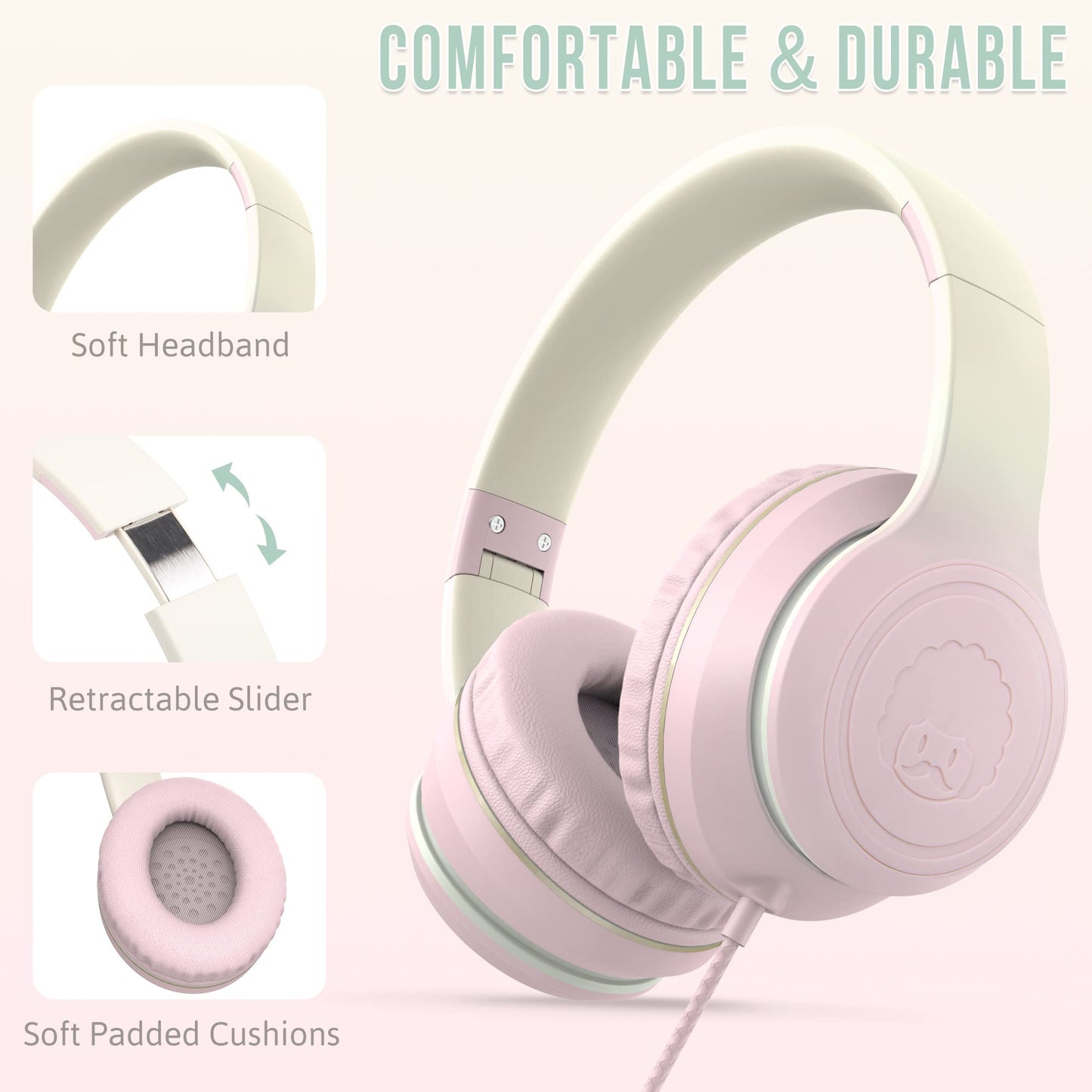 rockpapa L22 Wired Headphones for Kids Girls Boys Women with Microphone, Foldable Stereo 3.5mm Corded Headphones for School Classroom Chromebooks
