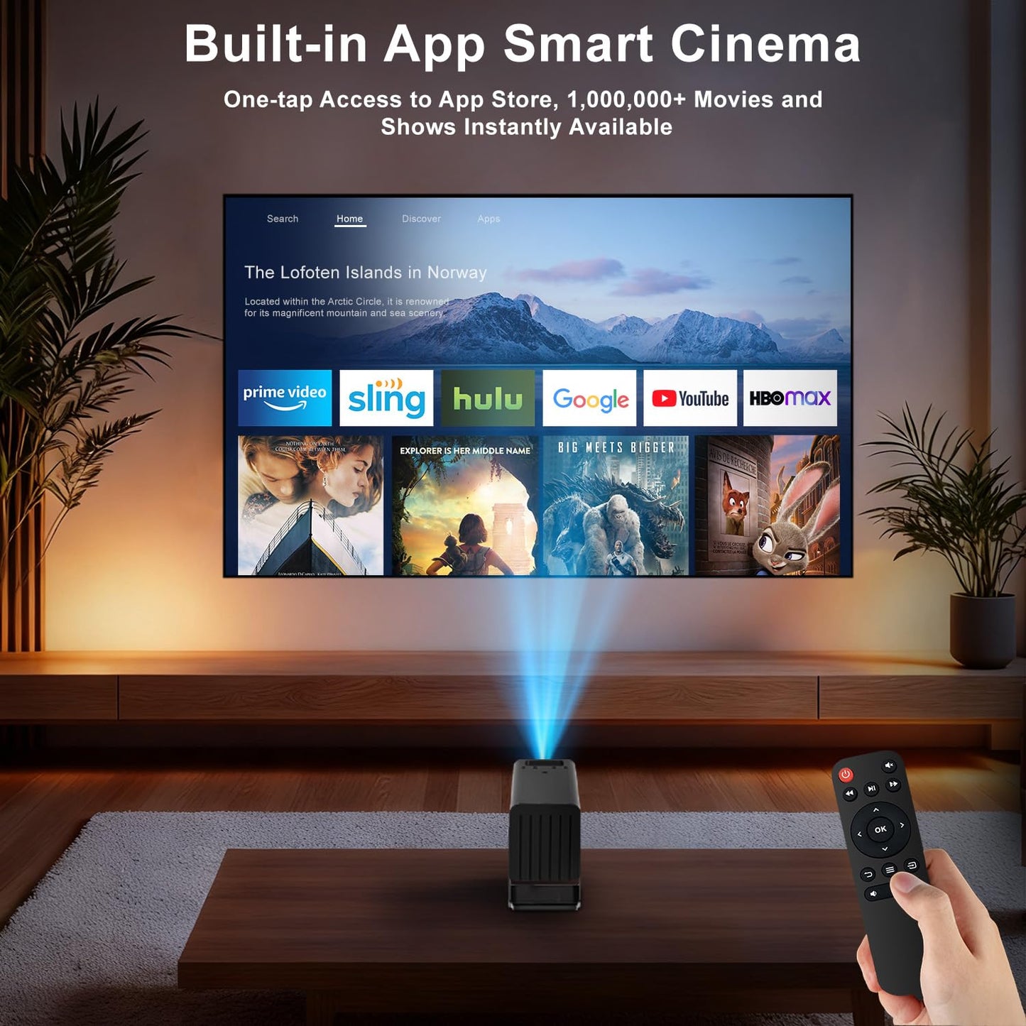 Mini Projector with WiFi and Bluetooth,4K Support 260 ANSl Smart Portable Projector,Auto Keystone, 135 Degree Rotation,Video projector for Home