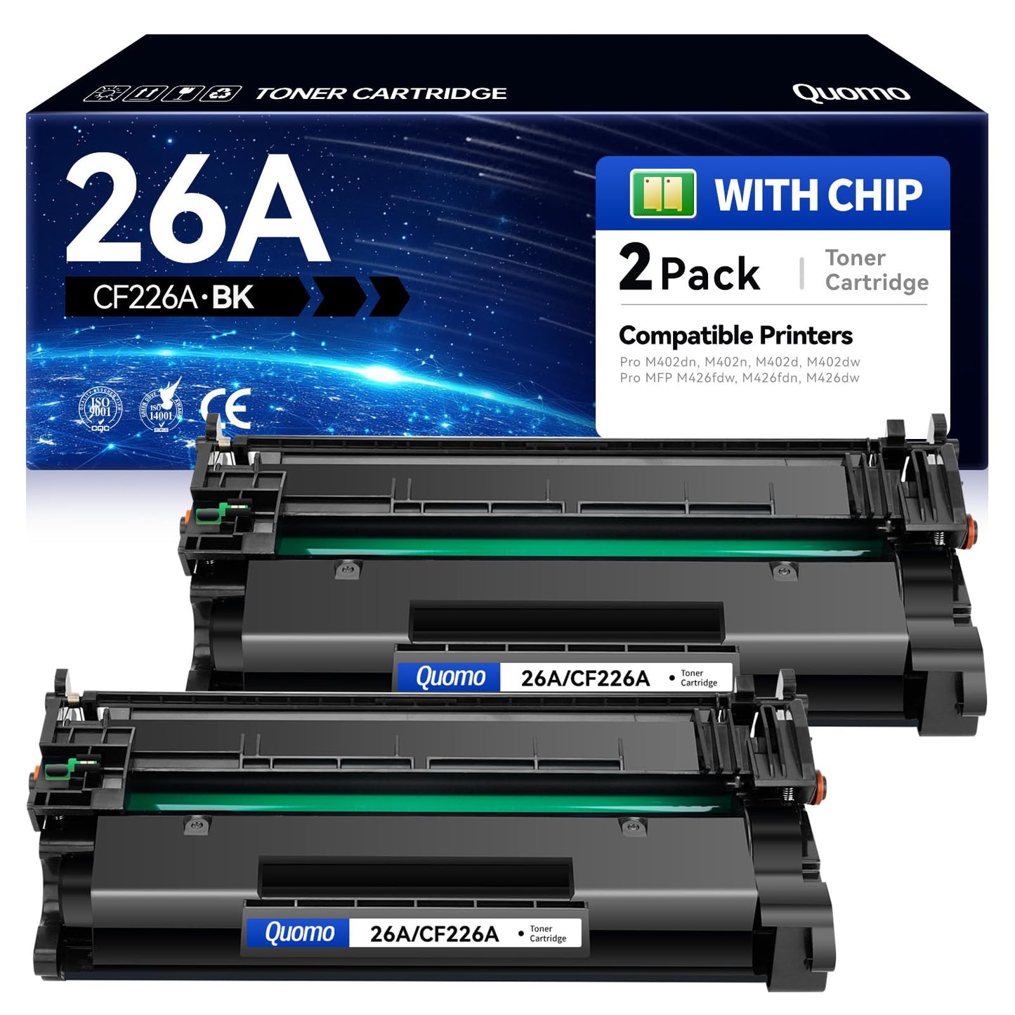 26A Black Toner Cartridge 2-Pack with Chip Replacement for HP 26A CF226A CF226AD1 Toner Compatible for HP Laserjet Pro M402dn M402n M402d M402dw MFP