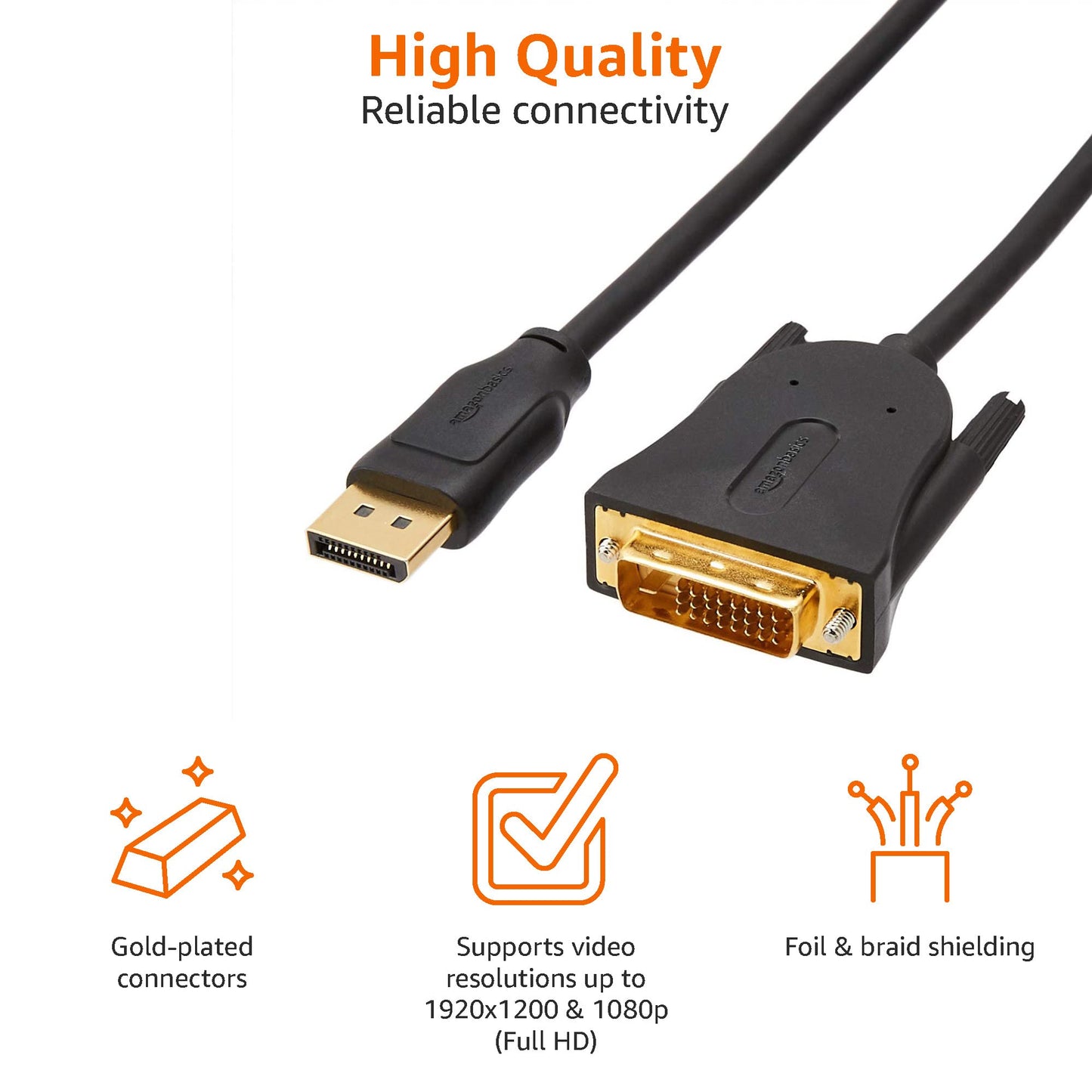 Amazon Basics 10-Pack DisplayPort to DVI Display, 1920x1080p, 1080@60Hz, Vinyl Cable, Gold-Plated Plugs, 6 feet, Black