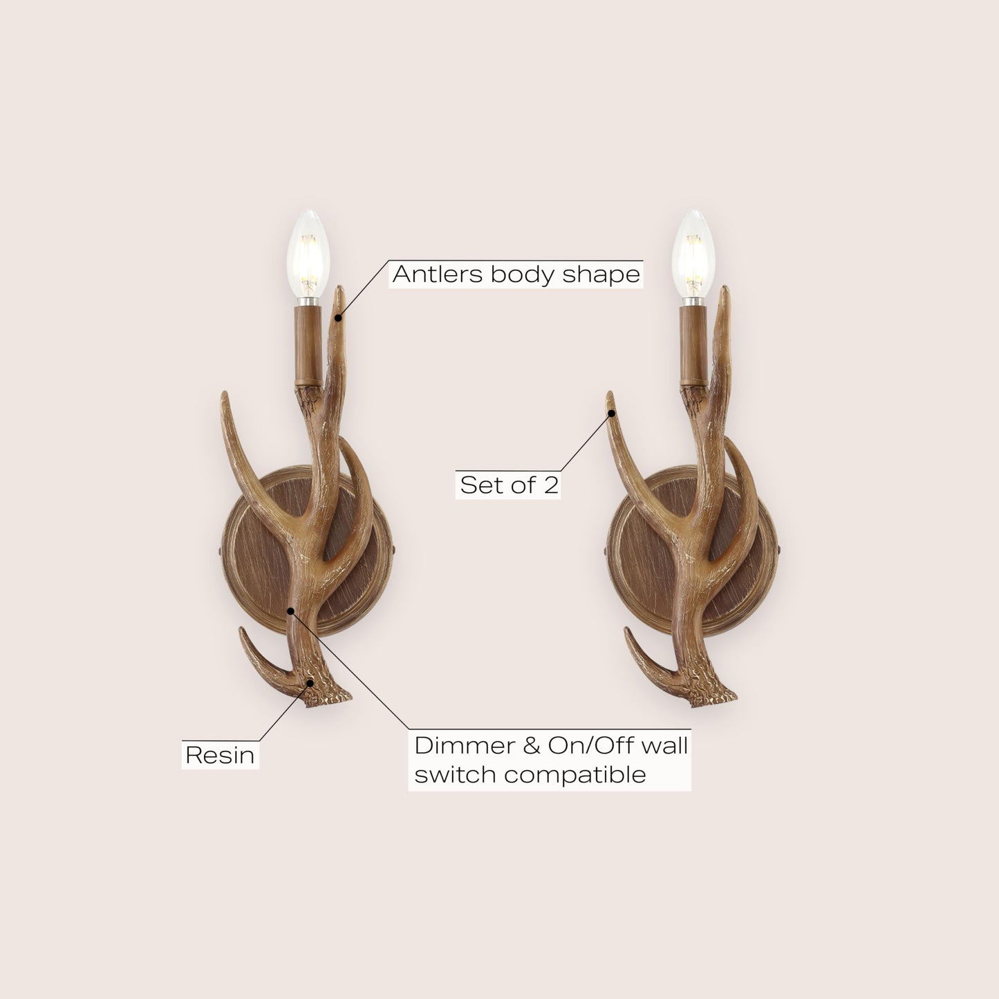 JONATHAN Y 5.5" Brown 1-Light Wood Finish Faux Antler LED Vanity Light Set of 2, Rustic Wall Sconces for Bathroom Mirror Hallway, Southwestern