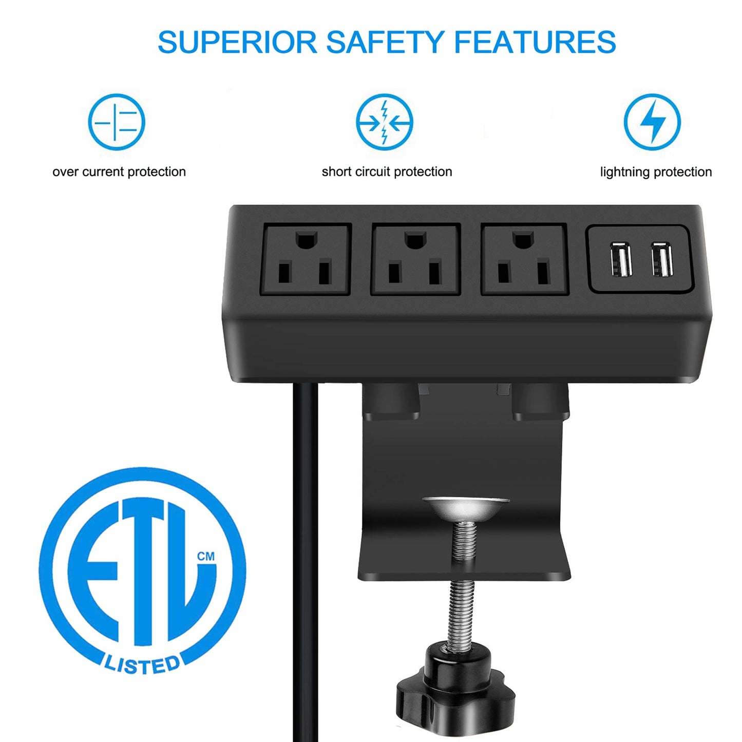 CCCEI 3 Outlet Desk Clamp Power Strip with USB Ports, Desktop Power Strip Surge Protector 1200J. Table Mount Charging Power Station, on Edge Power