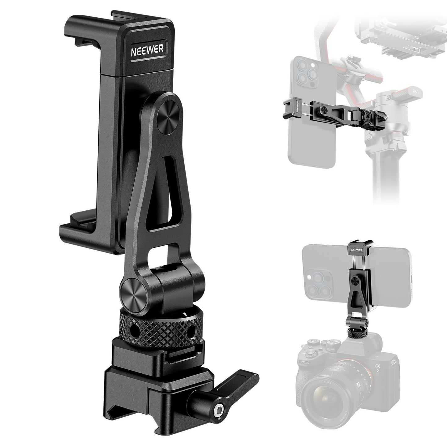 NEEWER Metal Phone Tripod Mount with Cold Shoe NATO Clamp Compatible with DJI RS5 RS4 RS3 Pro RS2 RSC2 Gimbal Stabilizer, 180° Tilt Phone Clip Holder