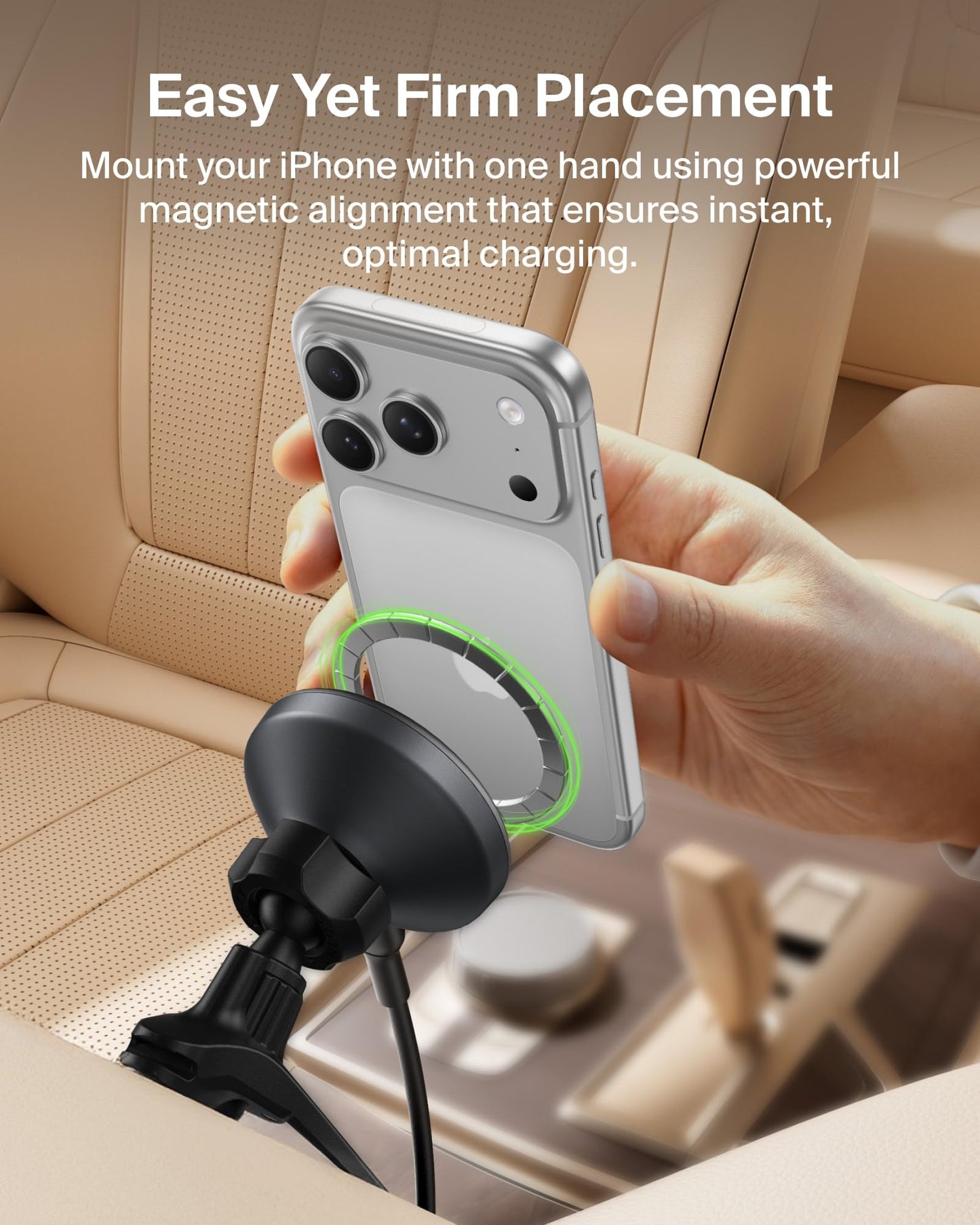 Belkin Wireless Car Charger, Magnetic Car Vent Mount w/ 3.3ft USB C Cable, Qi2 MagSafe Compatible Fast Charging iPhone Charger for iPhone 17, Galaxy