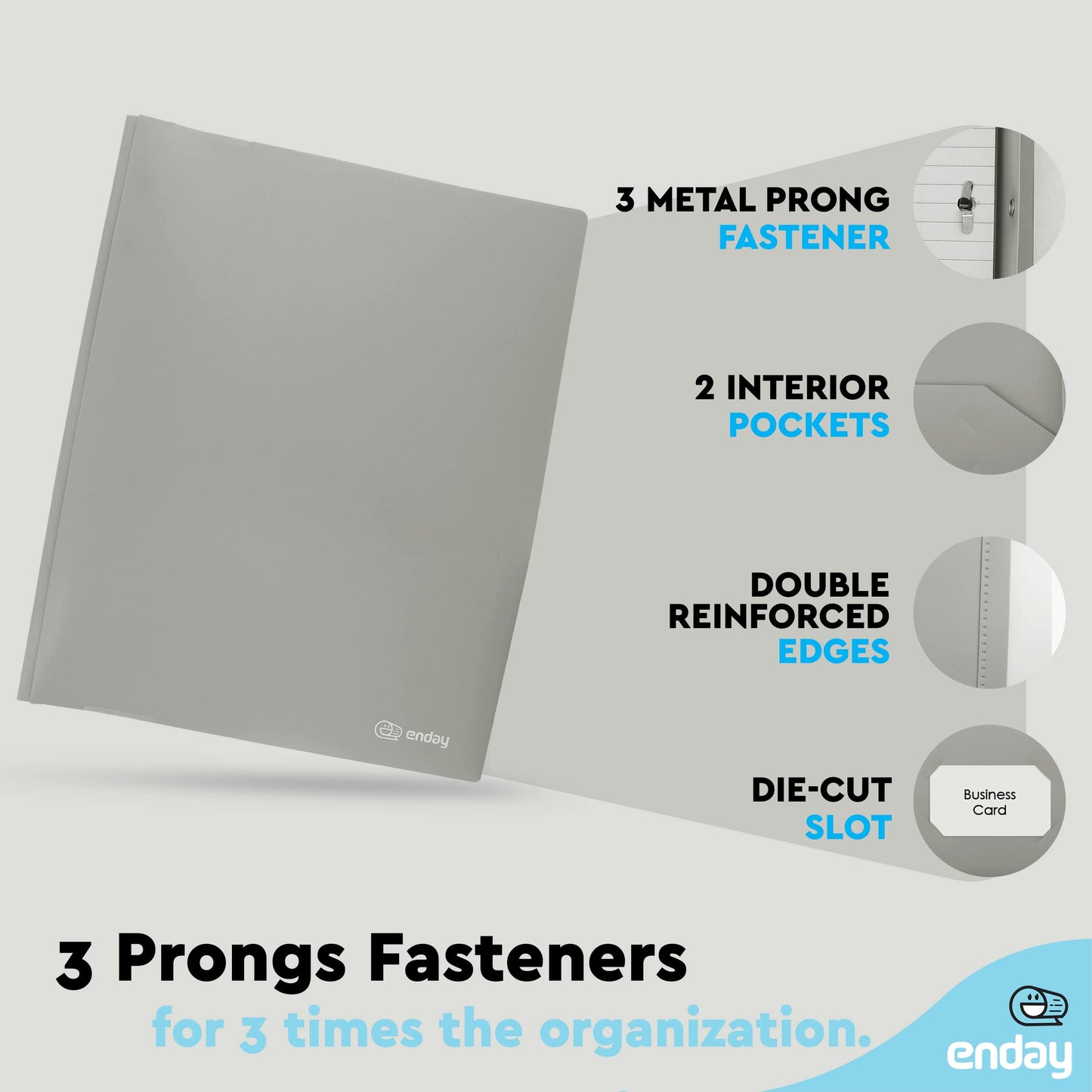 Plastic Folders with Pockets and Prongs Grey - Two Pocket Folder with Brads - 3 Prong Folders with Pockets for Letter Size Sheets, Also Available in