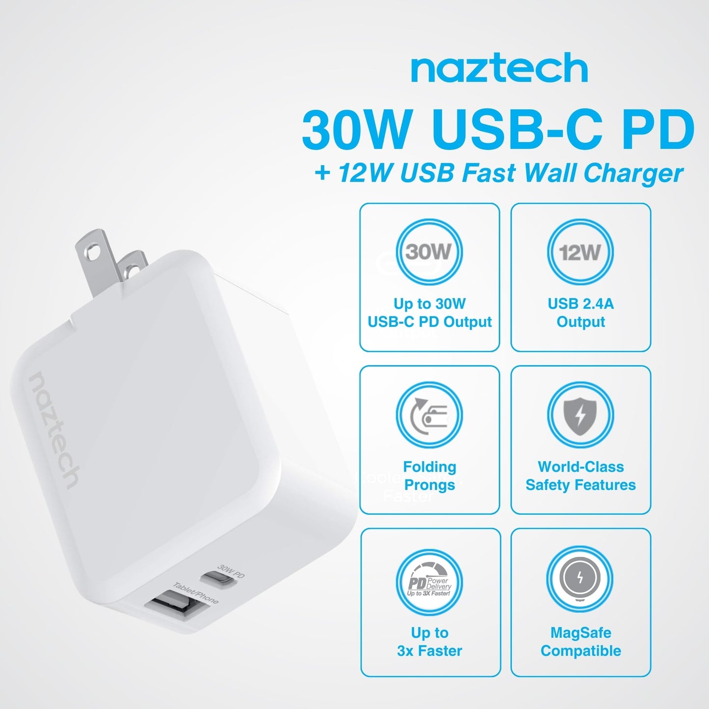 Naztech 30W USB-C Charger Block & 12W USB Charger Block - Fast Charging Blocks, USB Wall Plug Adapter for Wall Outlet, Dual Port, Foldable Prongs