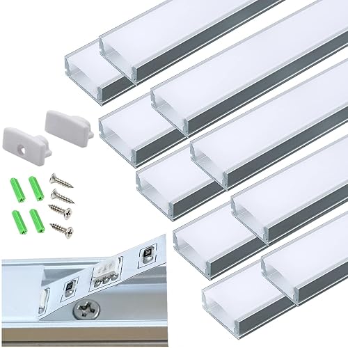 10-Pack Pre-Drilled Countersunk Hole 3.3FT LED Strip U Channel Diffuser, Hacksaw Easy Cut Tight and Flush Mounted Under Cabinet Tape Light Aluminum