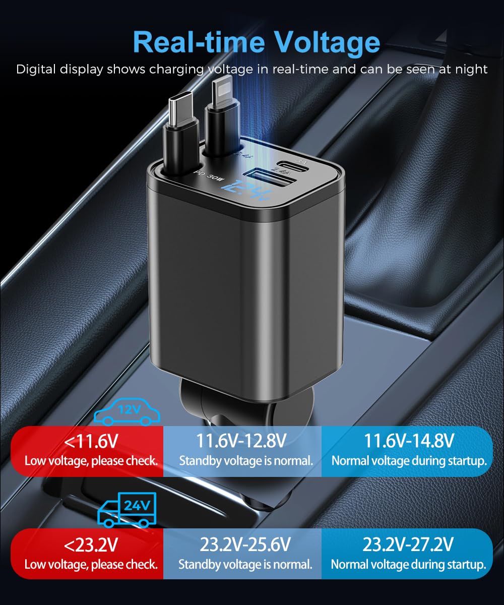 4 in 1 Retractable Car Charger,Super Fast Charging Car Chargers ?with 2 Retractable Cords and 2 UBS Port, Car Adapter for iPhone 16/15/14/13/12 Series