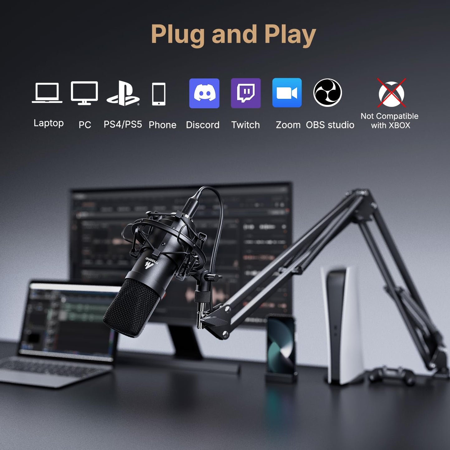USB Microphone, MAONO 192KHZ/24Bit Plug & Play PC Computer Podcast Condenser Cardioid Metal Mic Kit with Professional Sound Chipset for Recording
