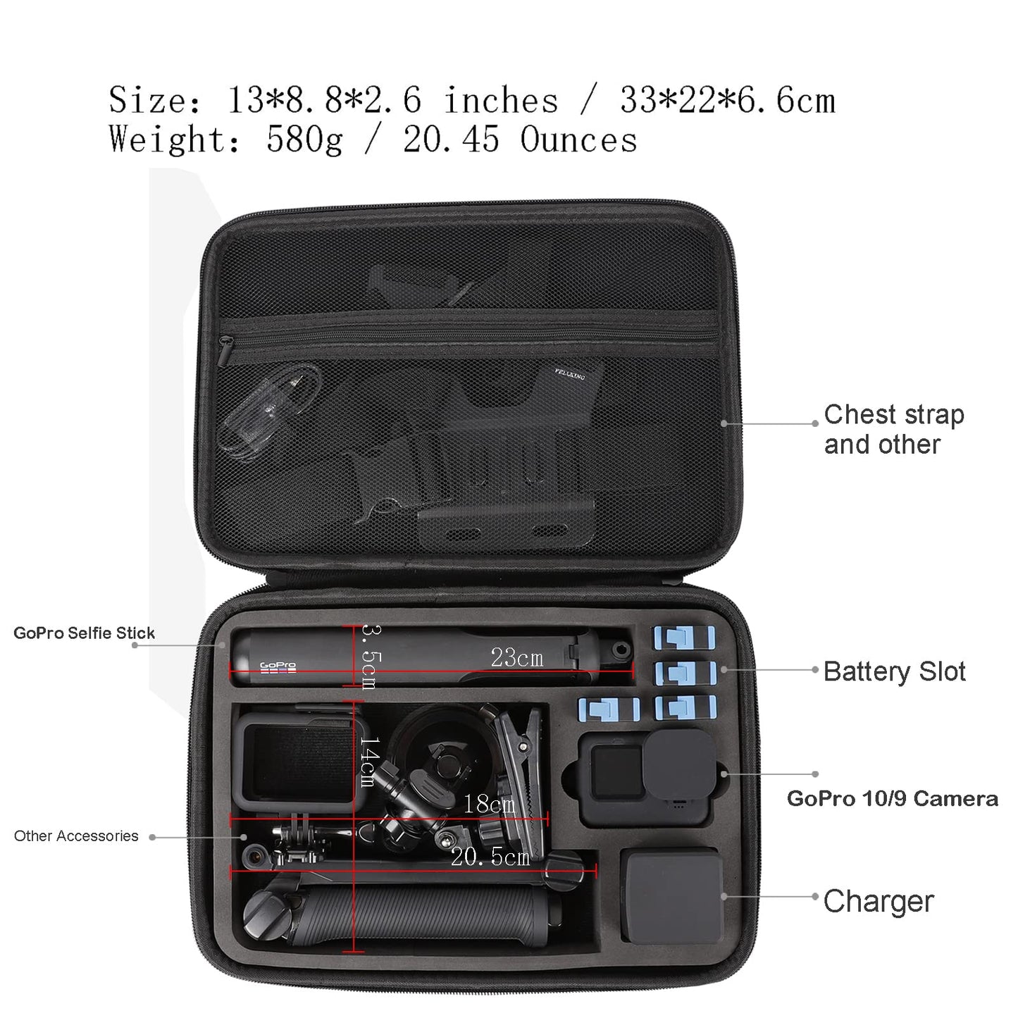 Pellking Large Carrying Surface-Waterproof Case for GoPro 13,12,11,10 Camera,Hard Shell Bag with EVA Liner Compatible for GoPro hero 13,with Fully