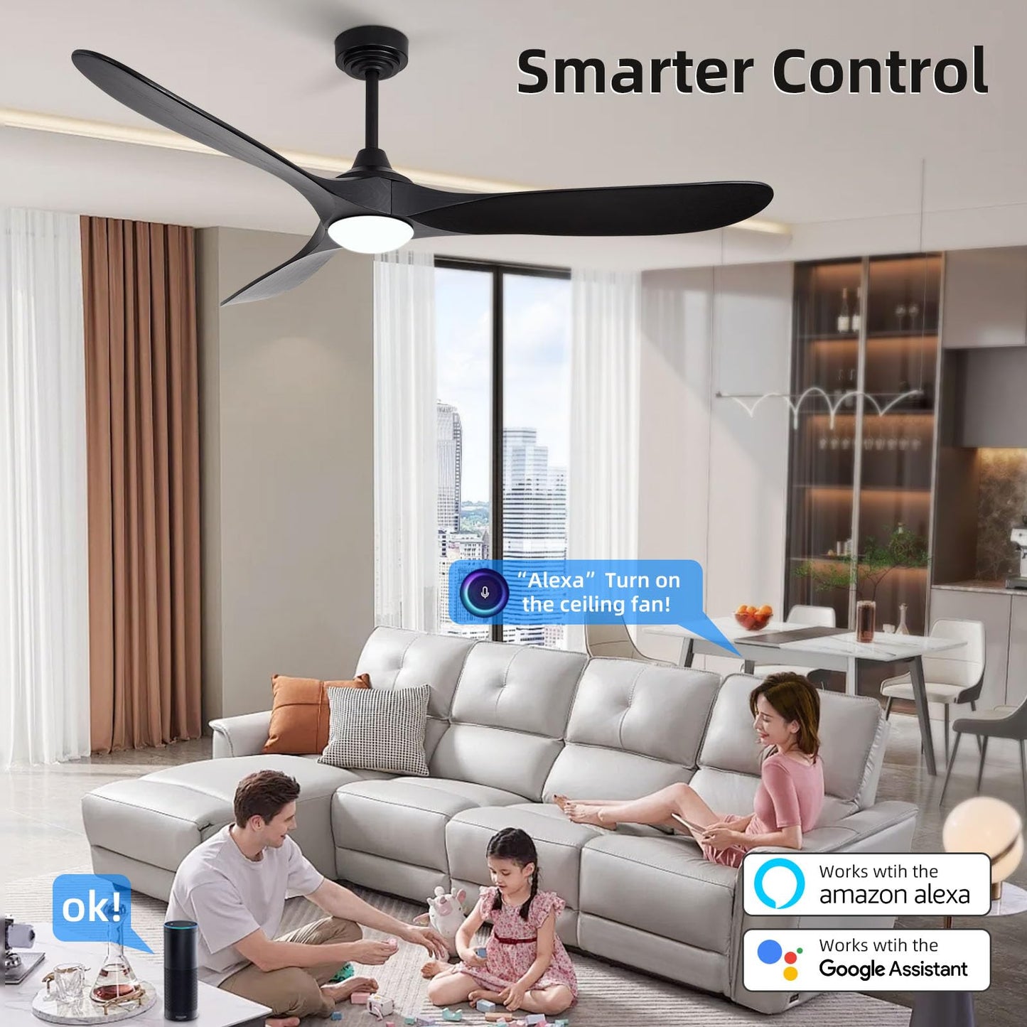 Homlit 60” Outdoor Ceiling Fan with Light 3 Downrods, Smart Wood Ceiling Fan Compatible with Alexa/Google/App, 3 Blades Modern Black Wood Ceiling Fans