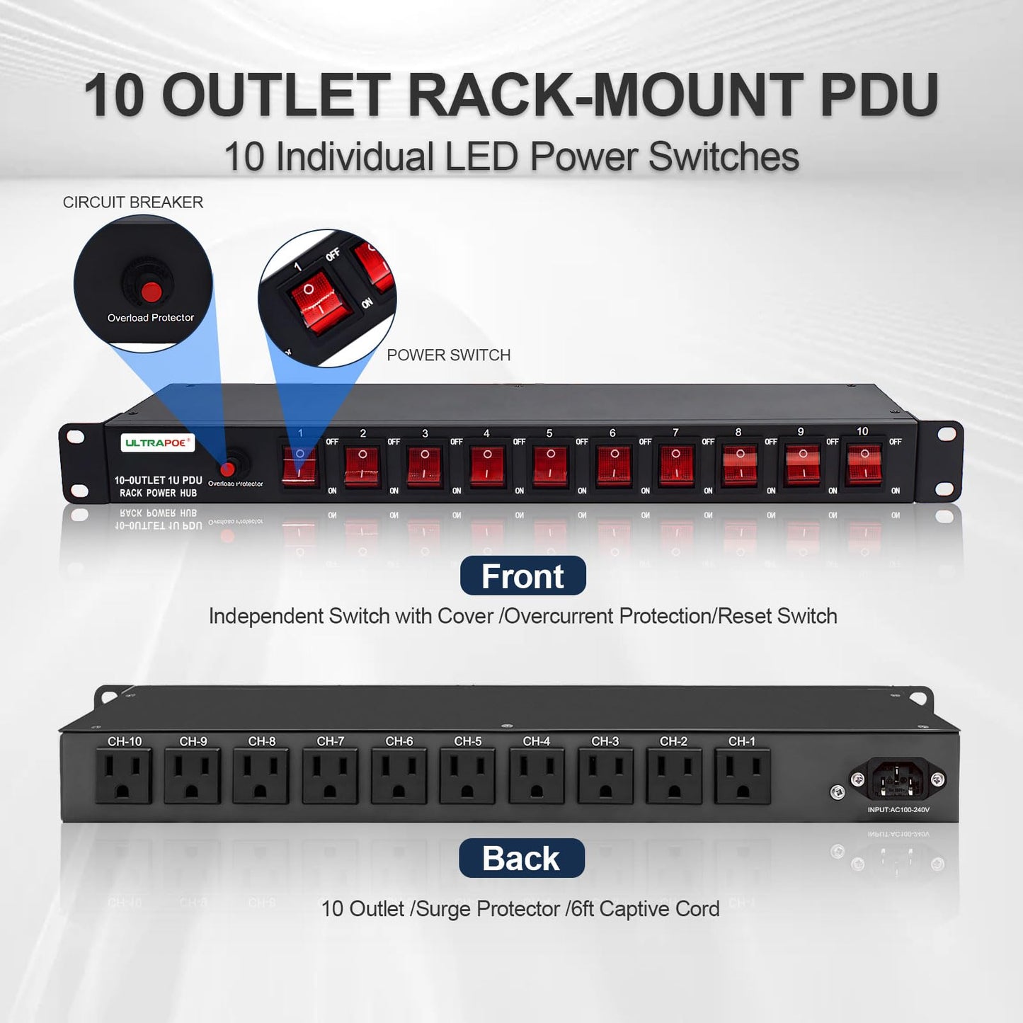UltraPoE 10-Outlet 1U Horizontal PDU Rack Mount Power Strip - Overload Protector,100-240V/15A/1800 Joules,for Network Servers,Power Conditioner