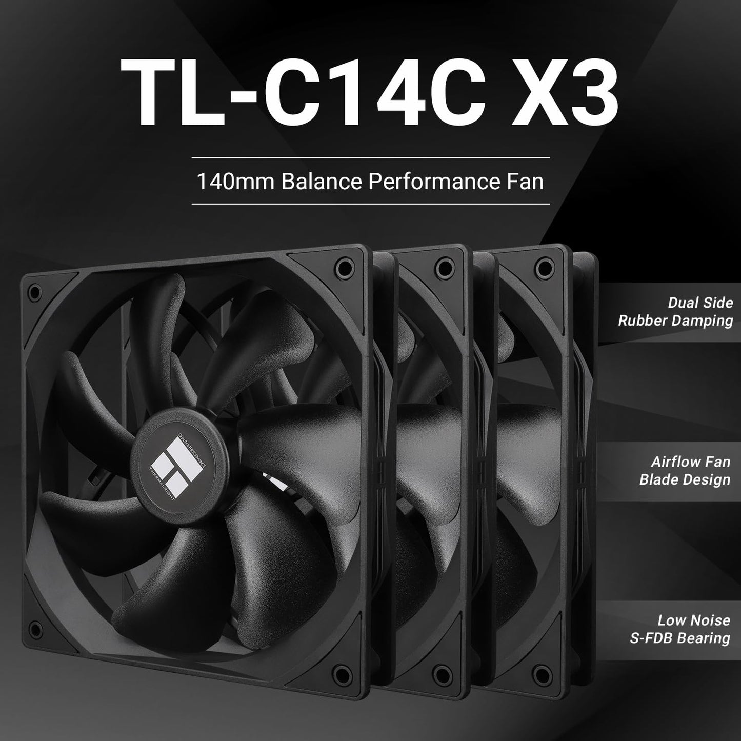 Thermalright TL-C14C X3 CPU Case Fan 140mm, PWM Fan Silent Computer CPU Fan with 1500RPM Speed, CPU Cooling Black Fan,3 Quantities