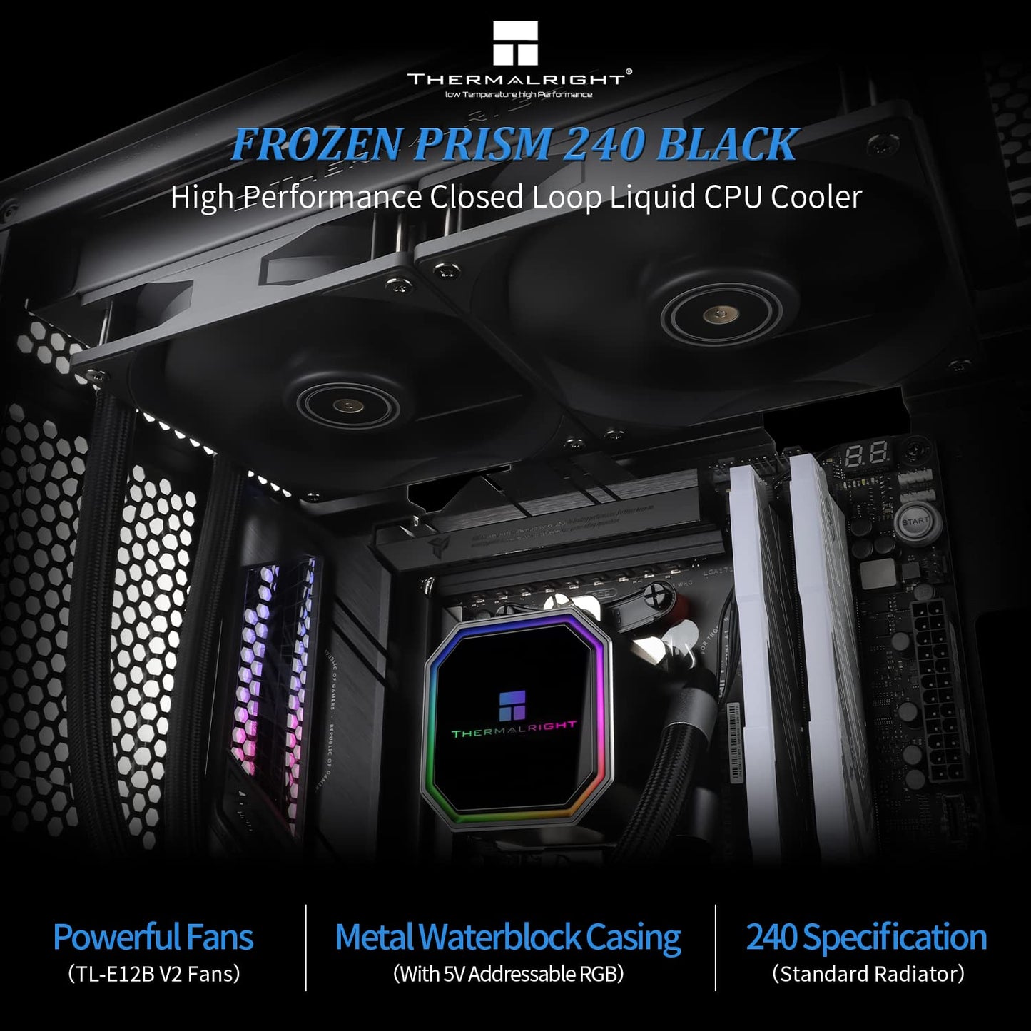 Thermalright Frozen Prism 240 Black AIO Water Cooler,Liquid CPU Cooler, 2×120mm PWM Fans Water Cooling System,1850RPM High Speed,Compatible
