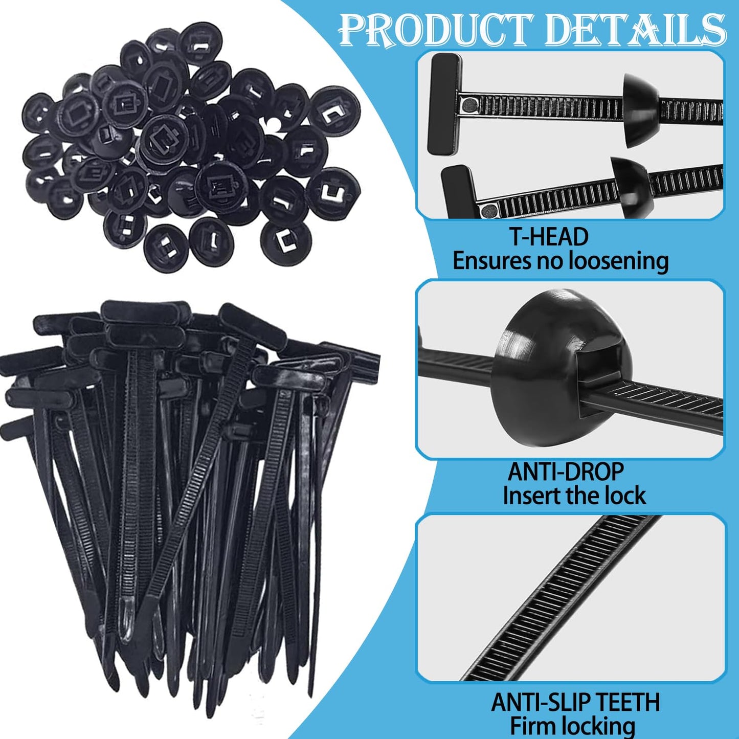100 PCS Nylon Universal Cable Tie Buckle, Heavy Duty Self-Locking Nylon Zip Ties Holder, New Multi-functional UV Resistant Plastic Cable Tie Tool