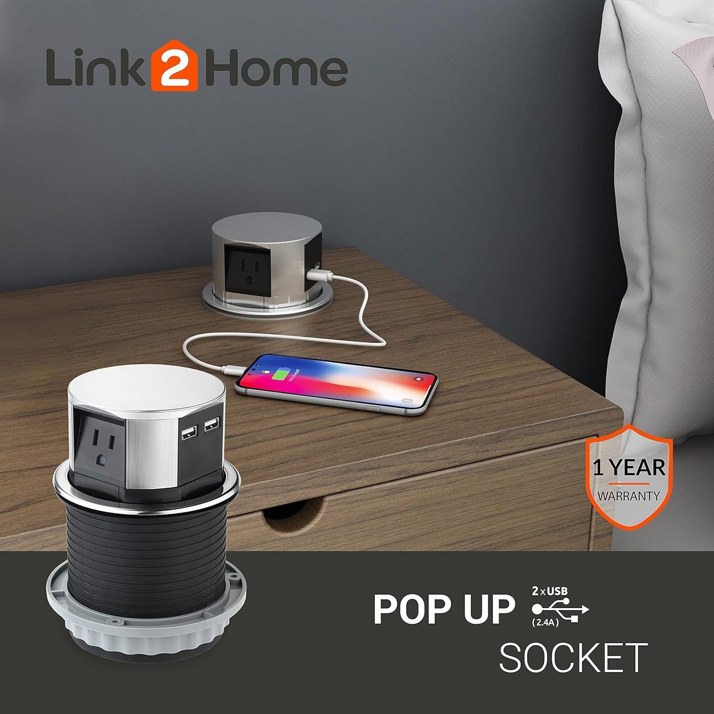 Link2Home 2 Pack Pop Up Outlet 10W Fast Induction Charger with Type-C USB, 3 Power Outlets 15A, 2 USB Ports 3.0A, Splash Resistant, Matt Black Finish