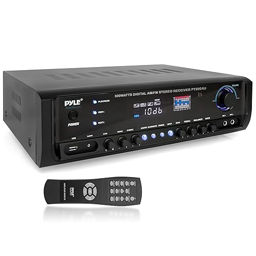 Pyle Home Audio Power Amplifier System - 300W 4 Channel Theater Power Stereo Sound Receiver Box Entertainment w/USB, RCA, AUX, Mic w/Echo, LED, Remote