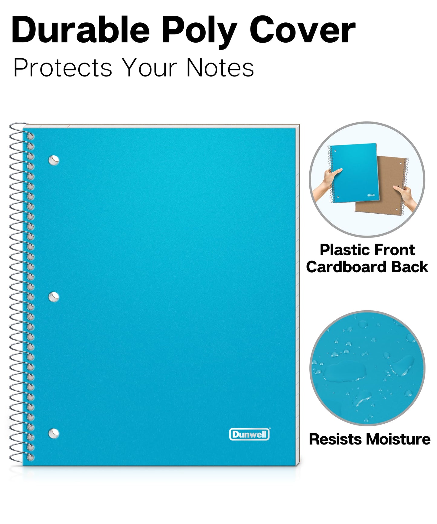 Dunwell 1 Subject Spiral Notebook, Blue Plastic Cover, 100 Sheets (200 Pages) 8x10.5 Paper, Wide Ruled Composition Notebooks with Poly Pocket