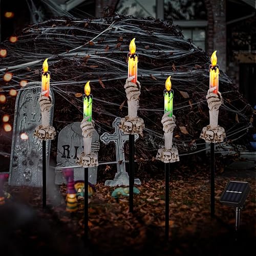 ILLUMINEW Halloween Pathway Lights, 5 Pack Candle Skull Hand Candle Holder, Waterproof Solar Halloween Led Lights, Indoor and Outdoor Party Home