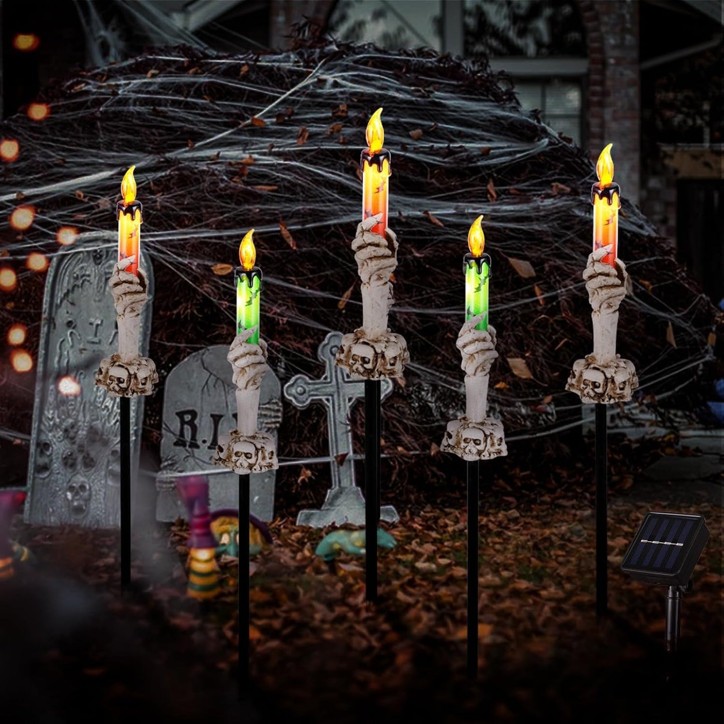 ILLUMINEW Halloween Pathway Lights, 5 Pack Candle Skull Hand Candle Holder, Waterproof Solar Halloween Led Lights, Indoor and Outdoor Party Home