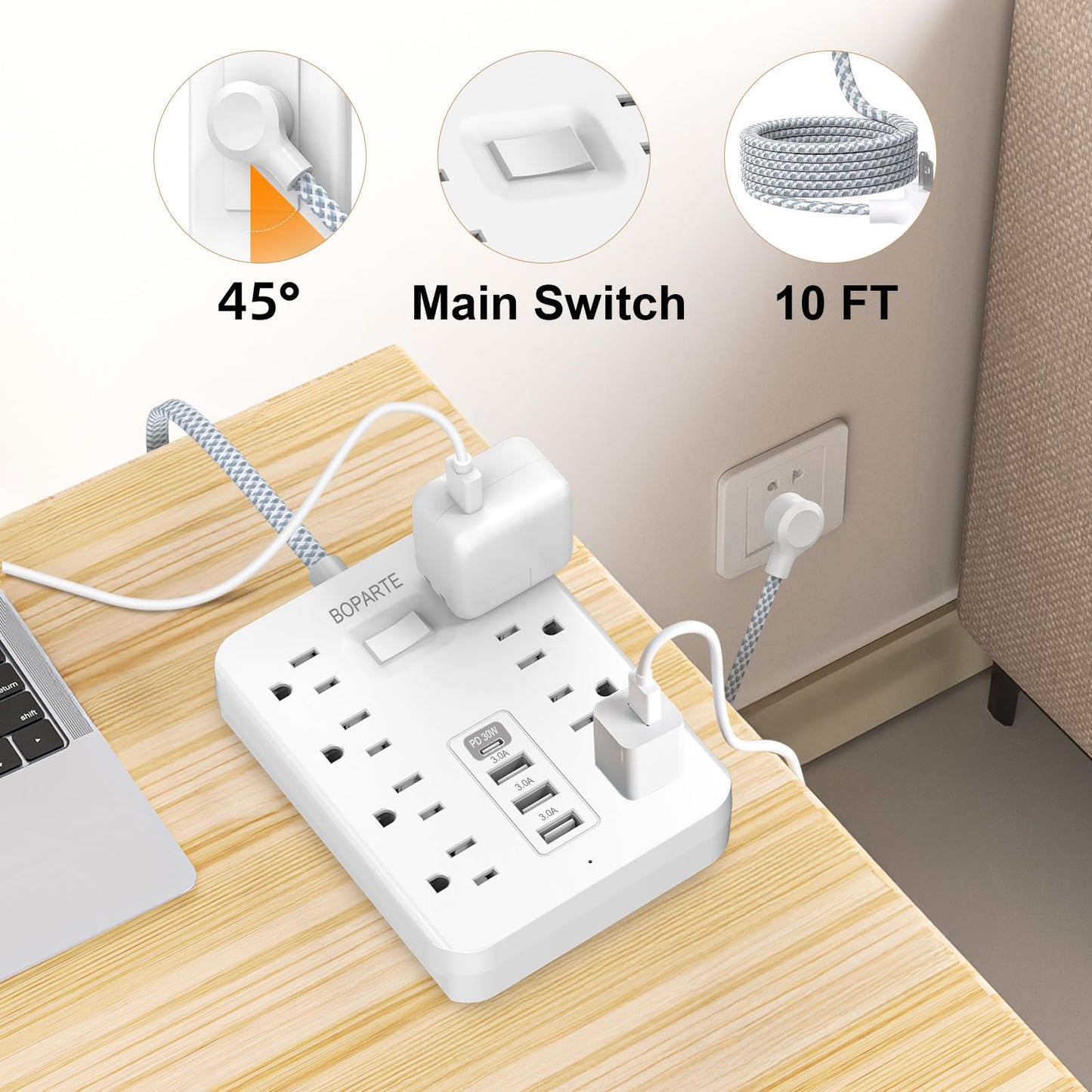 BOPARTE Surge Protector Power Strip, 10 Ft Extension Cord with PD 30W USB C Port, 8 AC Outlets and 3 USB A Ports for Home, Office, Dorm Essentials