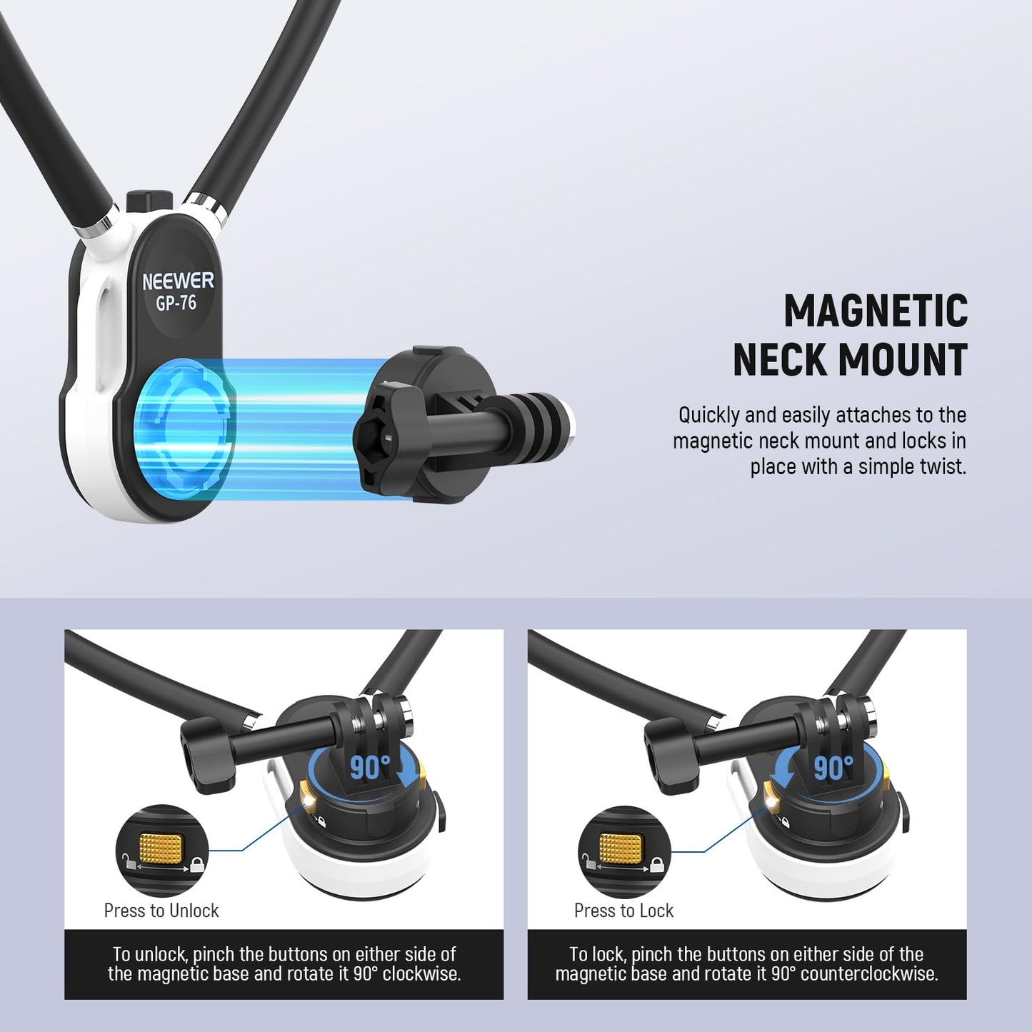 NEEWER GP-76 Magnetic Neck Mount Compatible with GoPro DJI Action Cameras, Quick Release Neck Holder with Air Cushion & Adjustable Chest Strap