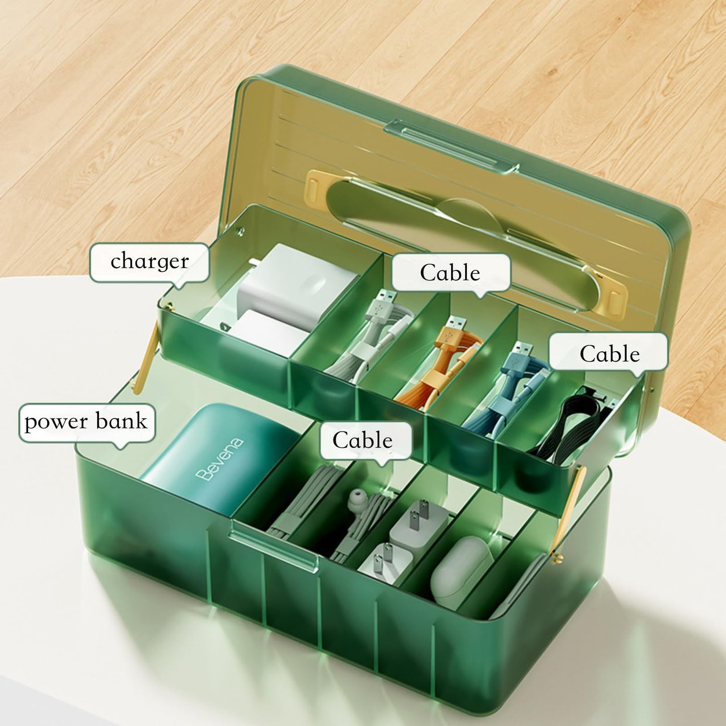 Atathro Double Layer Cable Organizer Box for Charging Cables, USB Wires, Adapters, Earphones & Small Electronics Accessories - Includes Cable Ties &