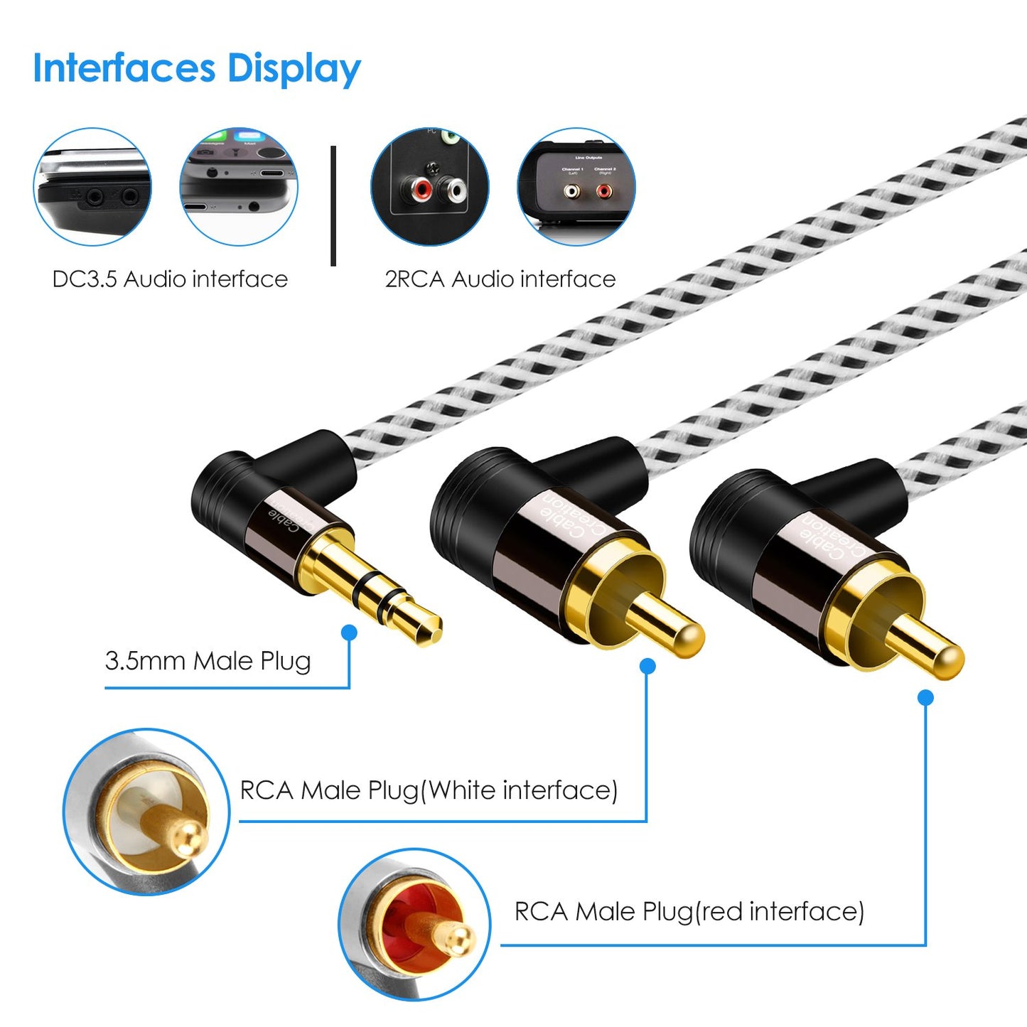 CableCreation 3.5mm to RCA Cable 3FT, Angle 2RCA Male to 3.5mm Male Stereo Y Splitter Adapter Compatible with Phones, Laptop, HDTV, Speaker, Echo Dot