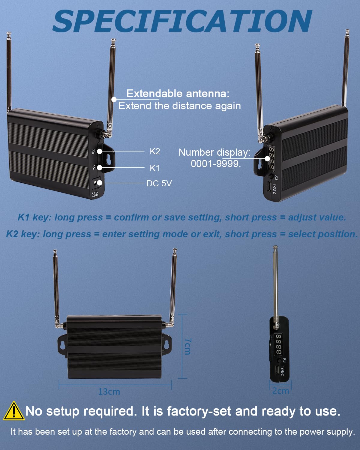 Signal Amplifier Repeater to Extend Signal Range for WNKRUN Pager System (Only be Used with WNKRUN Brand Products)