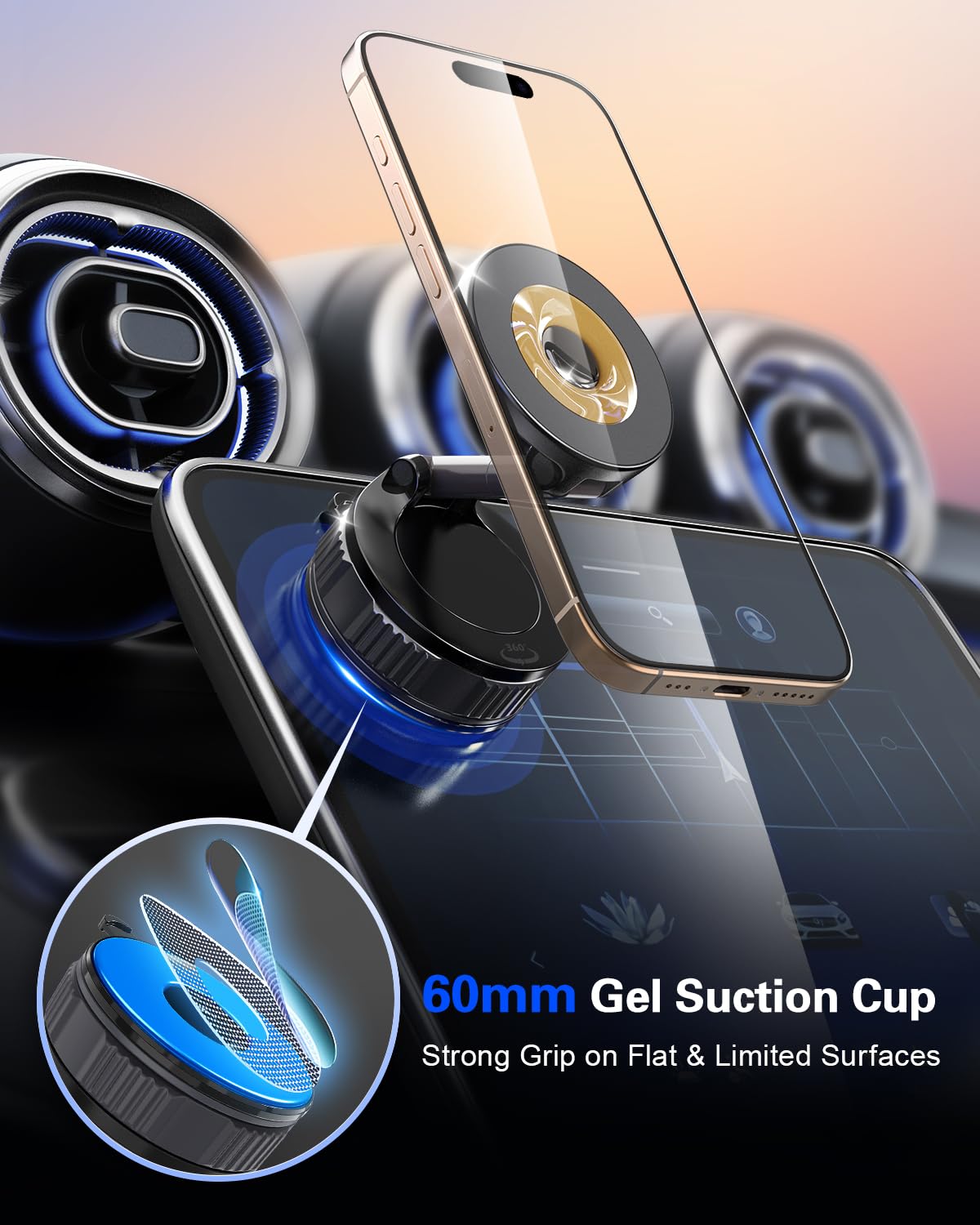 Dashboard Suction Cup Phone Mount for Magsafe: Dual Rotatable 360°Adjustable Nano Gel Vacuum Magnetic Phone Holder for Vehicle Screen Windshield Dash