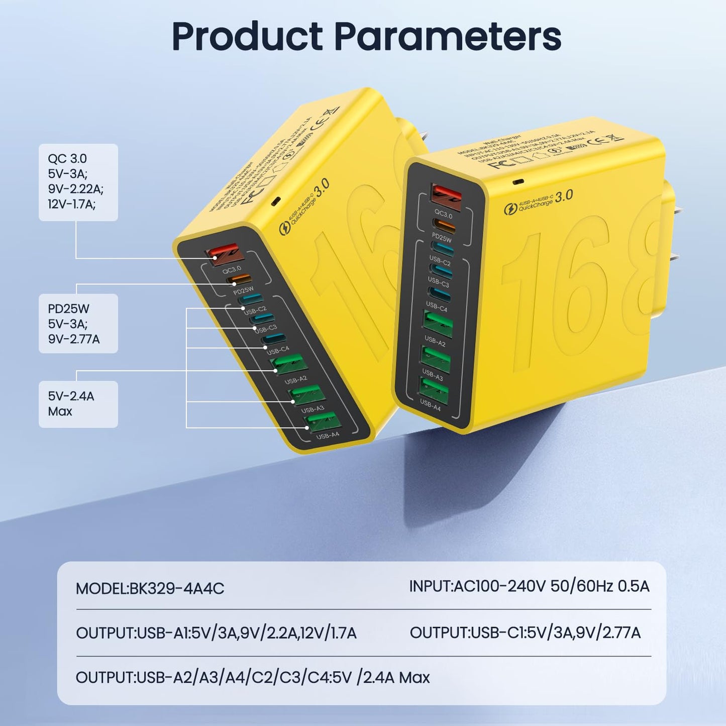 8-Port USB Type-C Fast Charger Block for iPhone & Samsung - Yellow (1 Piece)