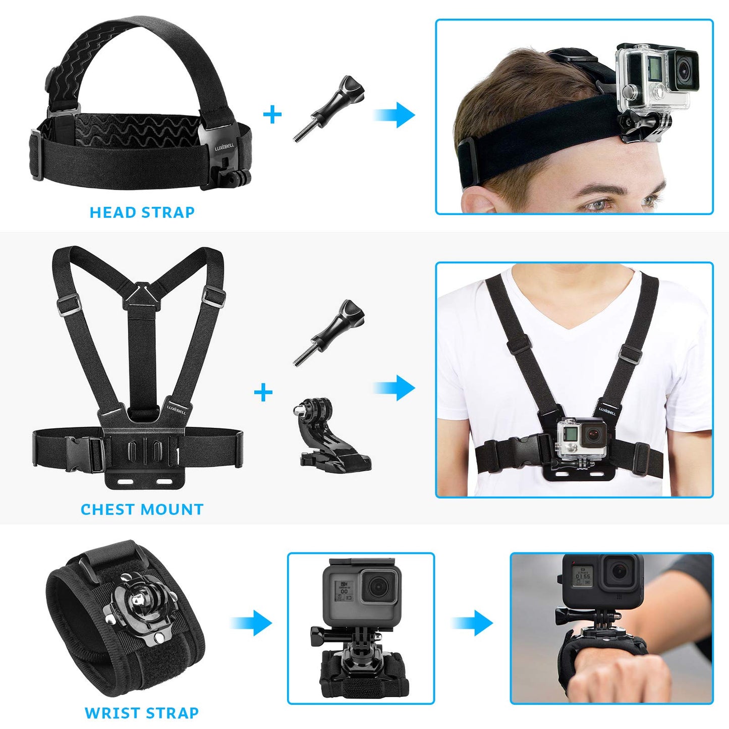 Luxebell Accessories Kit for AKASO EK5000 EK7000 4K WiFi Action Camera GoPro Hero 12 11 10 9 8 7 6 5/Session 5/Hero 4/3+/3/2/1 Max Fusion SJ4000