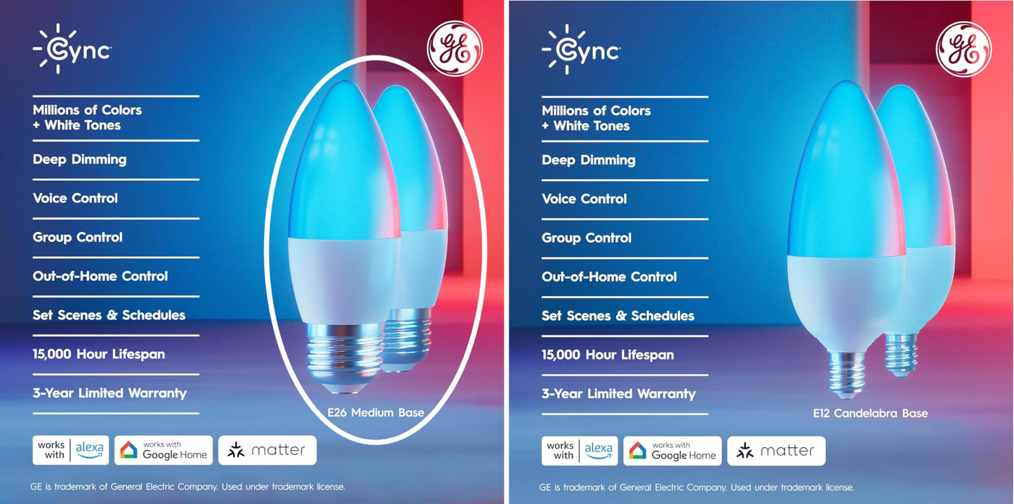 Cync GE Smart Color Changing LED Bulbs, WiFi, Matter, A19, 3 Pack