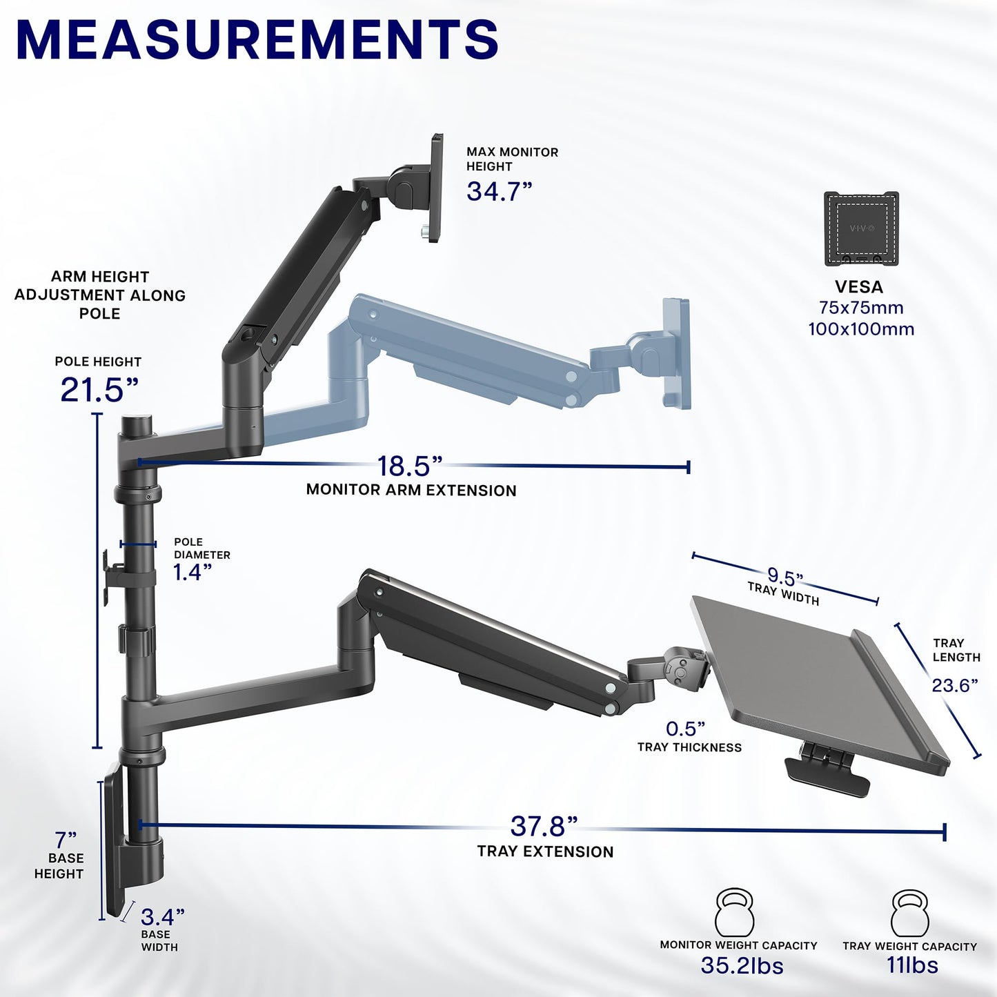 VIVO Sit-Stand Heavy Duty Ultrawide Monitor Wall Mount for Screens up to 49 inches with Height Adjustable Keyboard and Mouse Tray, Pneumatic Arm