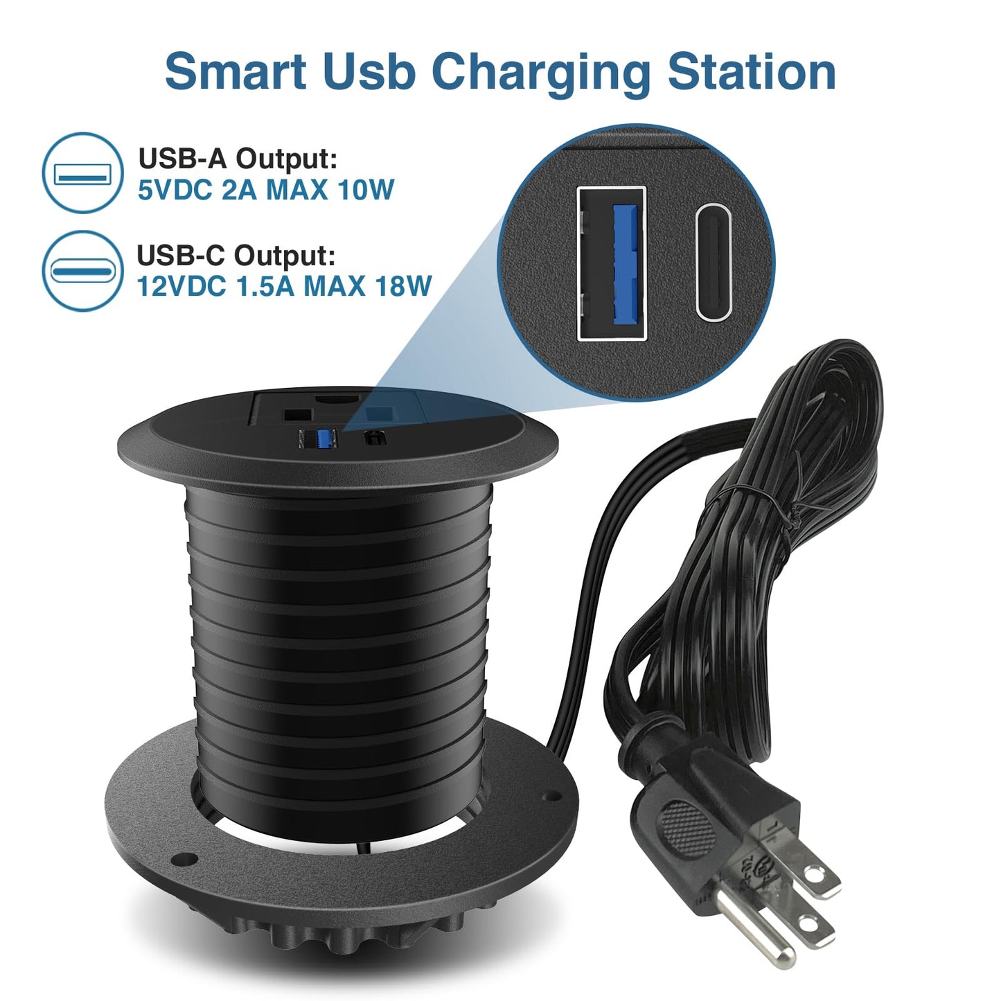 Desktop Power Grommet, 2inch Desktop Power Grommet Outlet, Recessed Power Strip Outlet with 1 USB and 1 Type-C, 20W PD Fast Charge for Desk, Kitchen