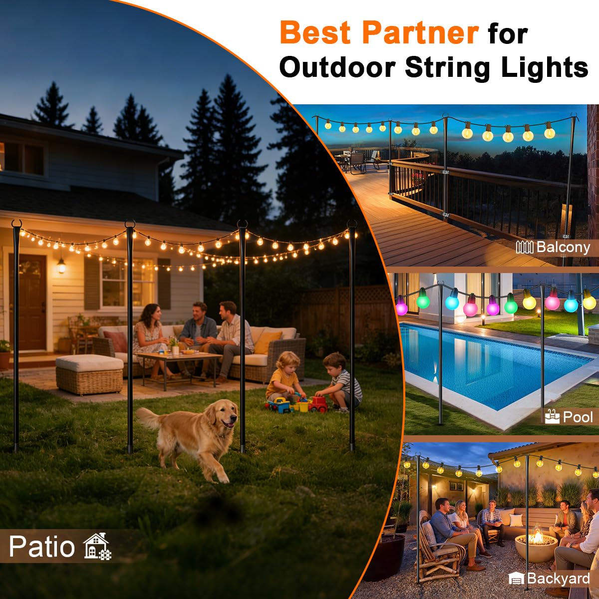 6 Pack String Light Poles for Outside, Upgraded Heavy-Duty Metal Poles for Outdoor String Lights with Fork, Adjustable Lighting Hanging Accessories