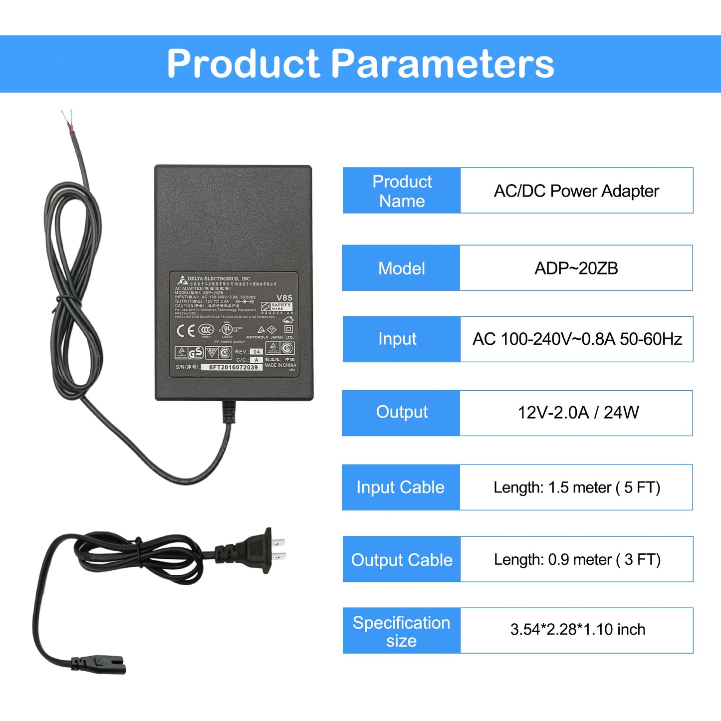 Industrial Power Adapter AC/DC Power Supply 24W 100-240V AC Input 12V/2A DC Output with 8 Ft Length Cable for Terminal Block