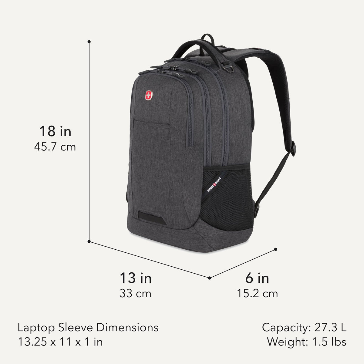 SwissGear 5505 Cecil 16” Laptop Backpack Charcoal - Daily Laptop Bag with Gear Attachment Options - Multiple Organizer Pockets & Padded Shoulder