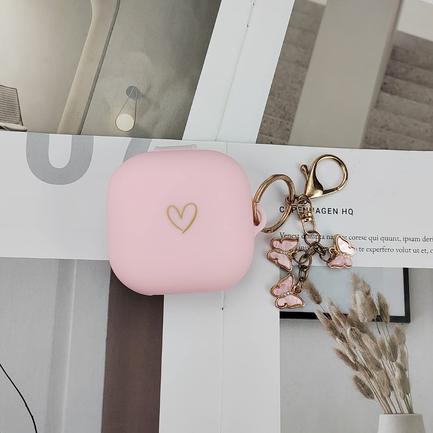 AIIEKZ Compatible with Beats Fit Pro 2021, Soft Silicone Case with Gold Heart Pattern for Beats Fit Pro Case with Cute Butterfly Keychain for Girls