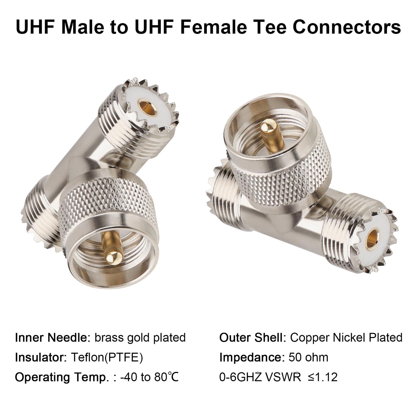 UHF Male to UHF Female T-Connector Adapter 2 PCS, PL259 to SO239 Coaxial RF Splitter for Antenna and Radio Systems