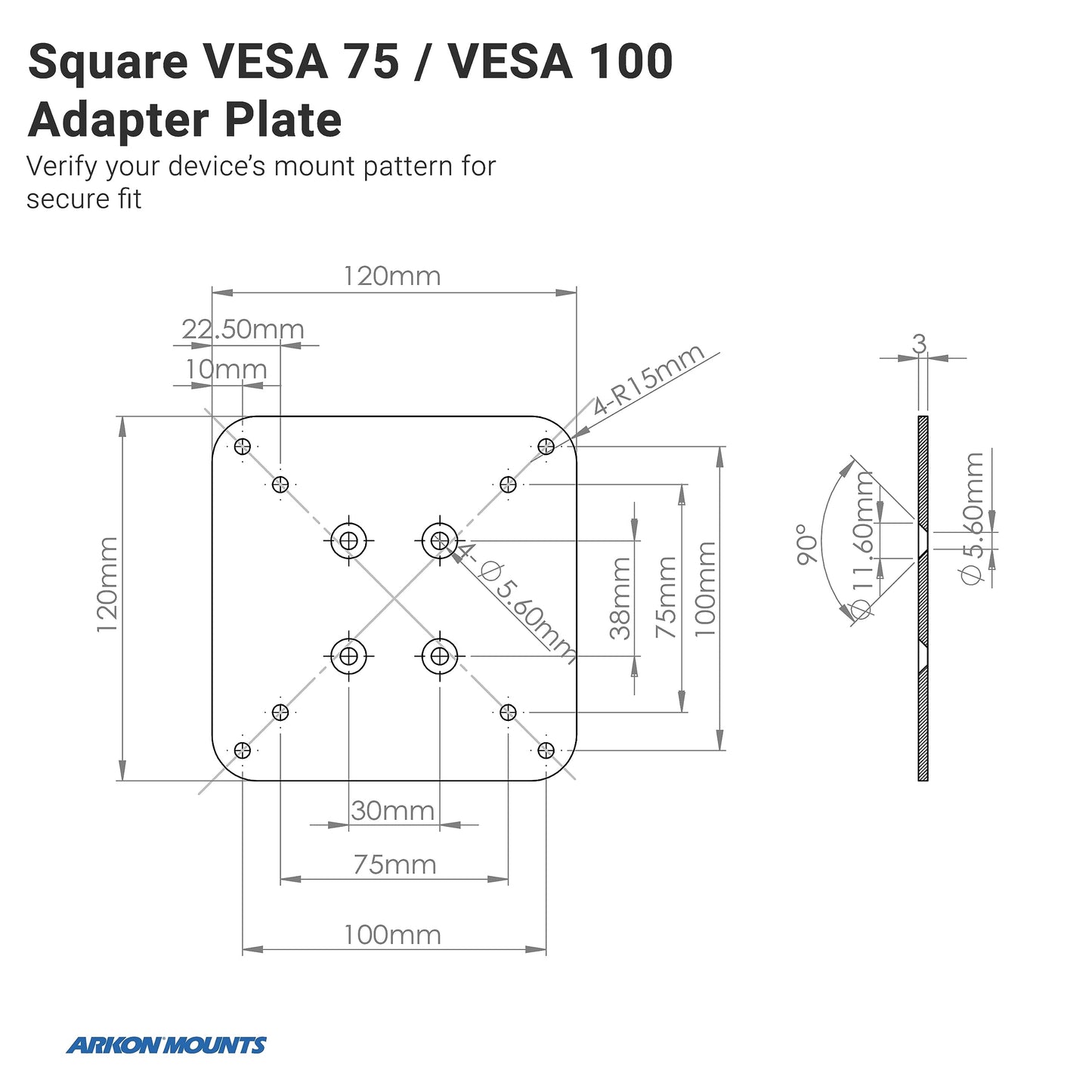 ARKON Mounts Square VESA 75 / VESA 100 Adapter Plate Industrial-Strength Aluminum VESA-Compatible Devices 4-Hole AMPS Compatible for TVs, Monitors,