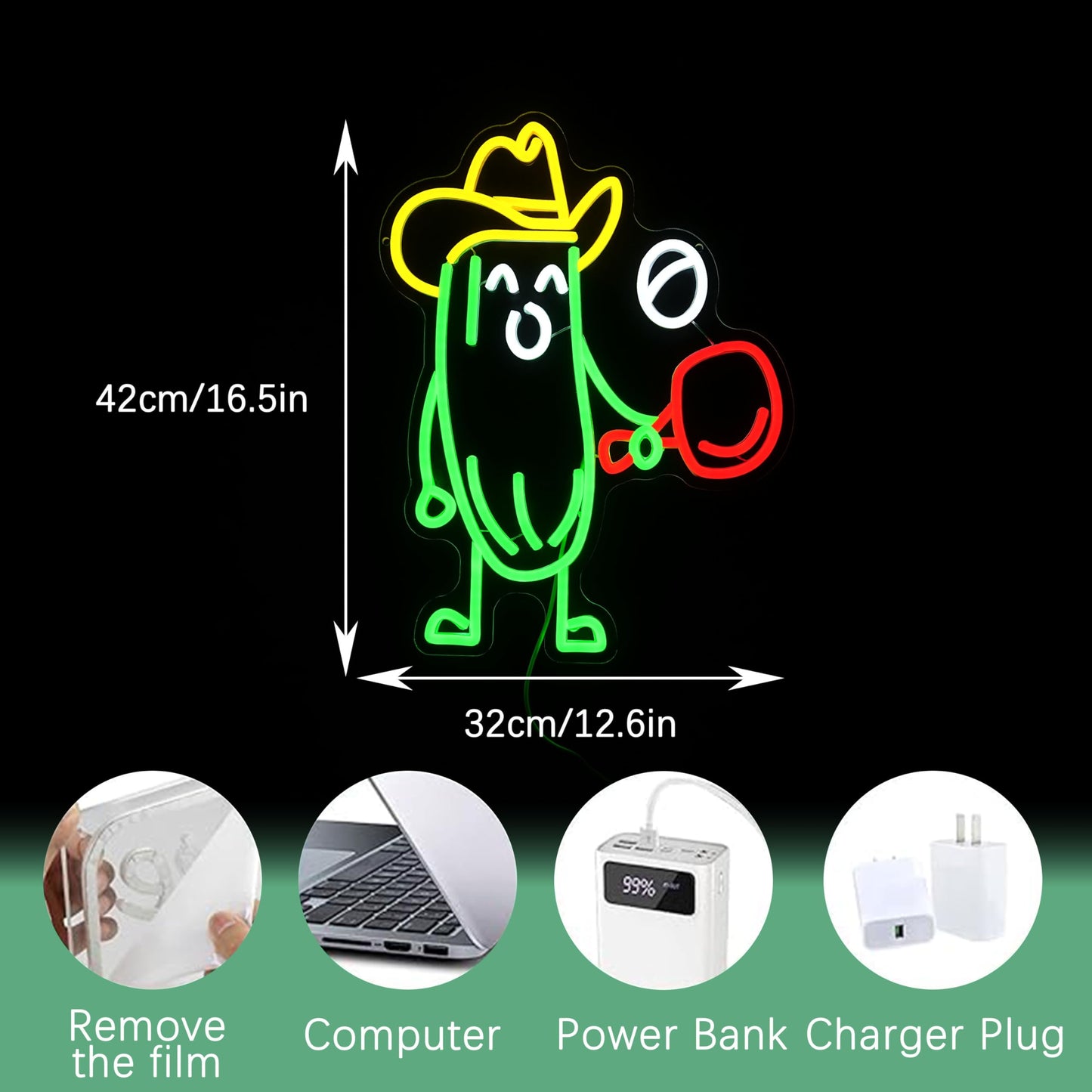 JLEWUINH Funny Cucumber Neon Sign for Wall Decor Ping Pong Neon Light Striking Cowboy Hat Light Up Sign Interesting Sport Led Light Sign for Classroom