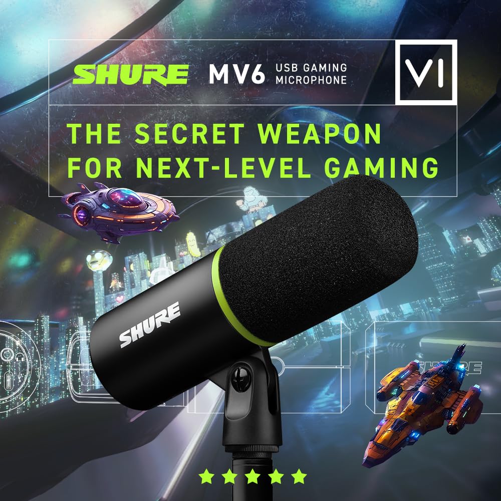 Shure MV6 Gaming Microphone - Dynamic USB Mic for PC Gaming & Streaming with Tap-to-Mute, Noise Cancellation, Desktop Stand & 3.5mm Headphone