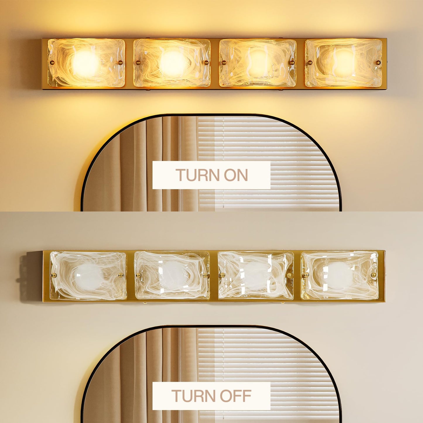 Tribesigns 4-Light Vanity Fixtures, Curved Cloud Glass Lampshades Gold Copper Plate, Modern Bathroom Wall Lighting Fixtures Over Mirror, 3CCT LED